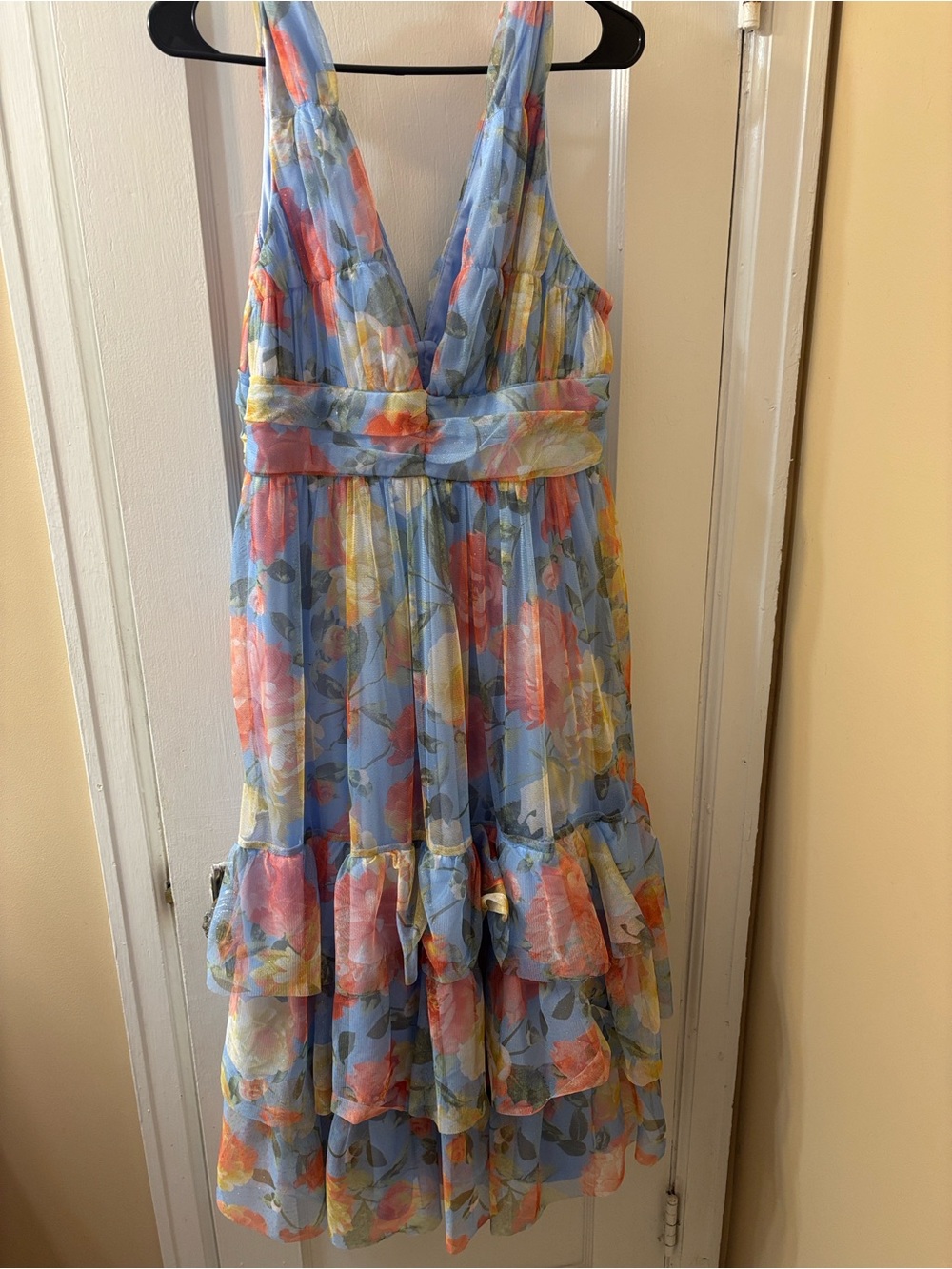 Lulu’s Floral V-Neck Tiered Midi Dress in Light Blue - Picture 2 of 5